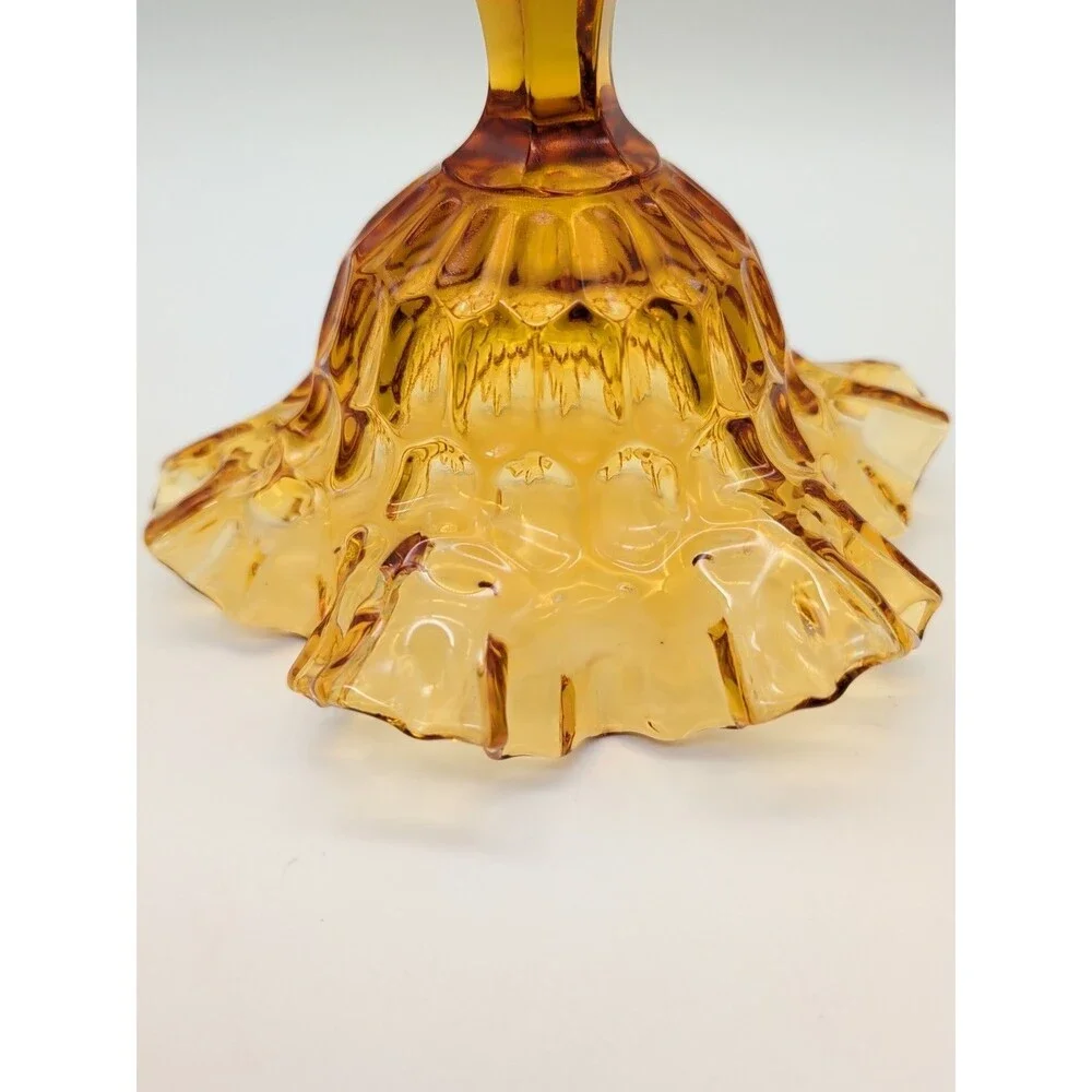 VTG Fenton Pedestal Fluted Ruffled Edge Colonial Amber Thumbprint Compote Glass